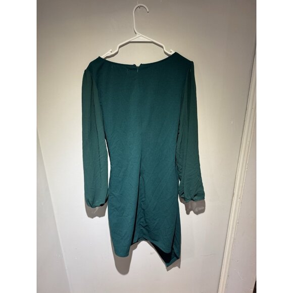 Dark Green Women’s Wrap V Neck Bodycon Mini Puff Long Sleeve Dress Ruched SZ L - Picture 4 of 7